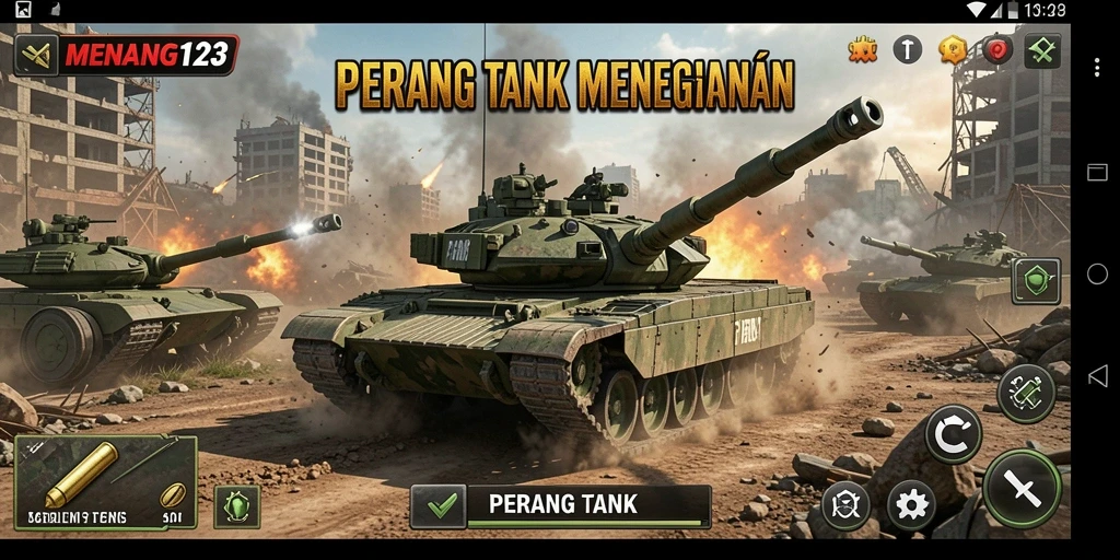 Antarmuka MENANG123 dengan berbagai tank dan peta menarik.