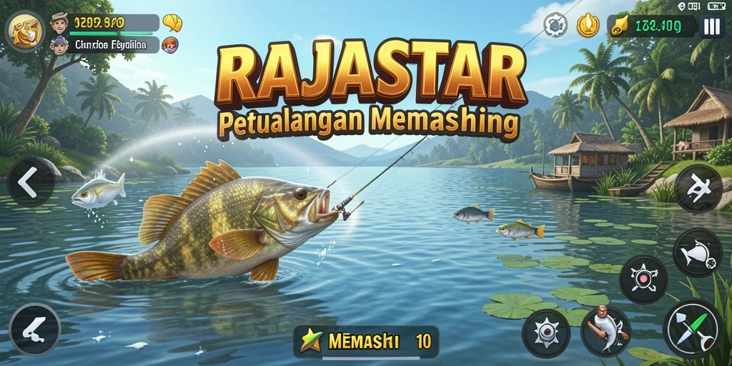 Antarmuka RAJASTAR menampilkan aksi memancing yang seru.