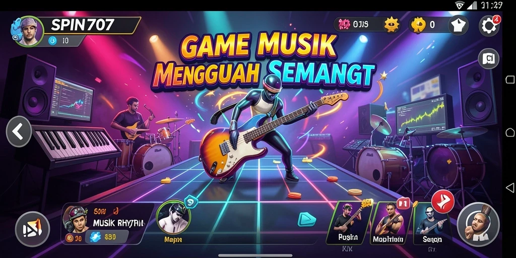 Antarmuka SPIN707 yang interaktif dan penuh warna dalam game Musik Rhythm.